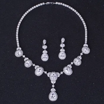 

NEW TOP QUALITY BIG WATER DROP CUBIC ZIRCONIA WEDDING NECKLACE AND EARRINGS LUXURY CRYSTAL BRIDAL JEWELRY SETS FOR BRIDESMAIDS