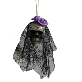 

Halloween Scary Hanging Foam Skull with Black Lace Veil Horror Ornaments for Home Garden Haunted House Bar Party Decoration