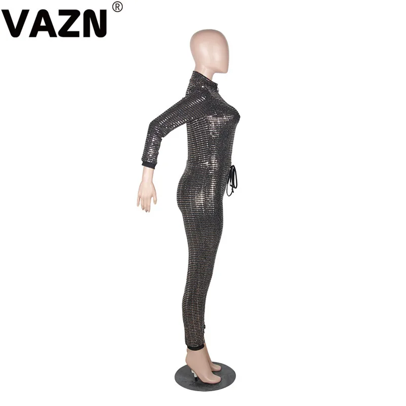 VAZN, горячая Распродажа, для взрослого возраста, с оборками, Неопрятные, сексуальные, модные, одноцветные, водолазка, длинный рукав, высокая талия, эластичные, для женщин, обтягивающие, Длинные Комбинезоны