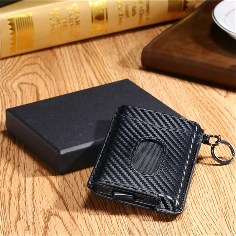 BISI GORO RFID Блокировка кредитный держатель для карт Anit-theft кошелек карта для мужчин и женщин автоматический всплывающий Чехол для карт кожаный держатель для ID - Цвет: CarbonBlack With Box