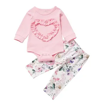 

Spring Baby Clothes Infant Baby Girl Clothes Set Long Sleeve Heart Design Romper Tops Flower Print Trousers Outfits Clothes