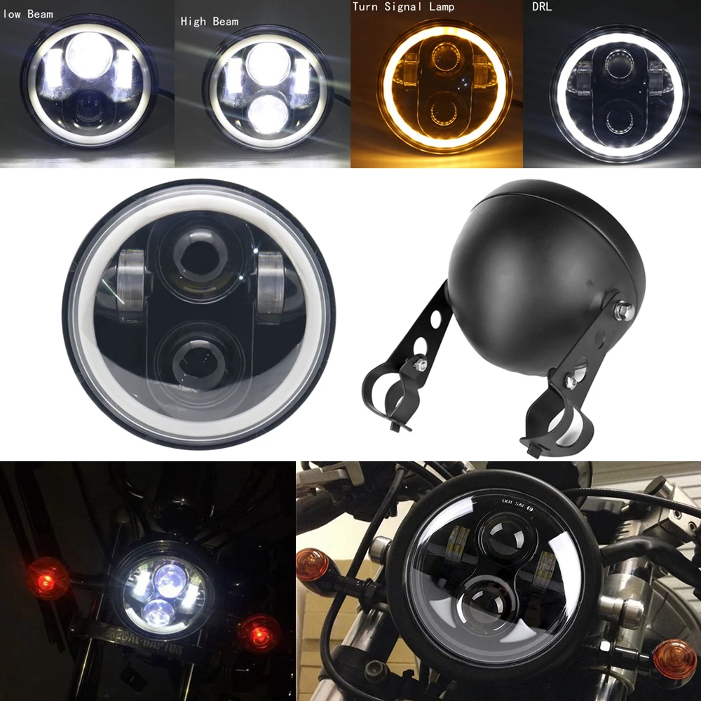Черный 5-3/" 5,75 дюймов светодиодный прожектор с белым/янтарным Halo кольцом для Dyna Sportster XL 1200 883
