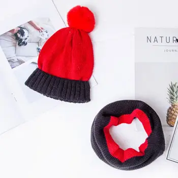 

Kids Winter Pompom Contrast Color Beanie Hat + Infinity Scarf Set 3-13T