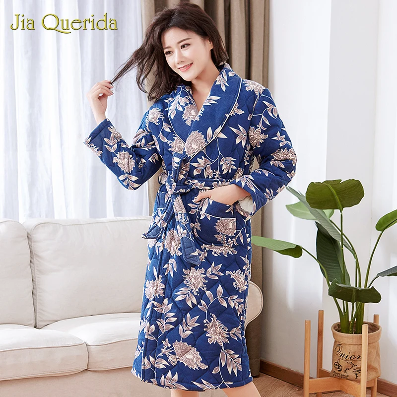 Plus Size Female Warm Robe Women's Bathrobe Royal Blue Floral Printing Winter Thick Kimono Robe Cotton 3 Layers Padded Bathrobes