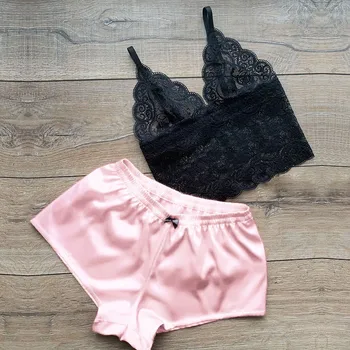 

Sexy Pajamas Set Women Sleepwear plus size Satin Lace v neck Sleeveless Cute Cami Top and Shorts pijama sexy mujer lingerie K56