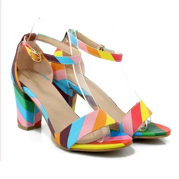 

US4-11 Womens Peep Toe Rainbow Colors Ankle Strappy Block High Heel Sandals Pumps Shoes Plus Size 4Color C591