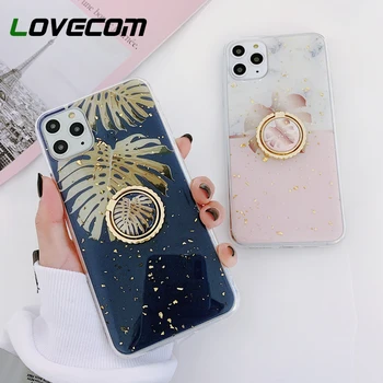 

LOVECOM Phone Case For iPhone 11 Pro XR XS Max 6 6S 7 8 Plus X Banana Leaf Gold Powder Epoxy Soft Back Cover With Finger Ring