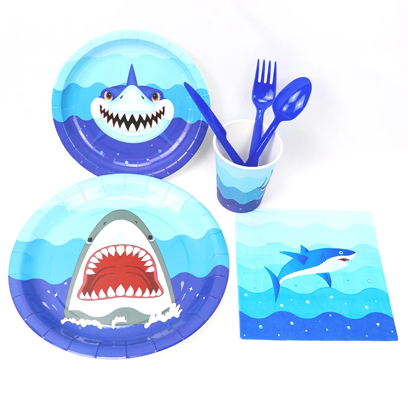 Вечерние одноразовые столовые приборы с рисунком акулы из мультфильма, бумажная тарелка, салфетка для чашек, детский душ, детские принадлежности для дня рождения, Декор