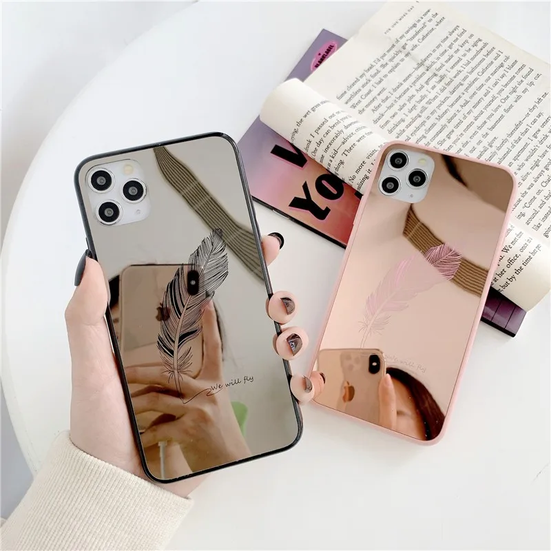 

Simple Makeup mirror feather Couple Phone Cover Case For Iphone X 11 pro Xs Max Xr 10 8 7 Plus se 4.7 Luxury hard Coque Fundas