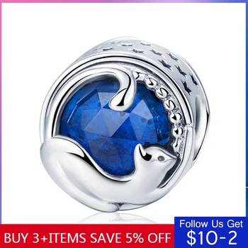 

100% 925 Sterling Silver Playing Kitten Cat Blue CZ Charm Beads Fit Original 3mm Bracelet & Bangles DIY Jewelry Making C708