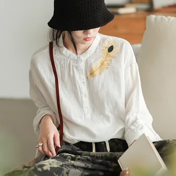 

Vintage Cotton Tops Embroidery Feather Top Autumn Spring Women Plus Size Long Sleeves Bottoming Tee Tops Female Fashion SA561S30