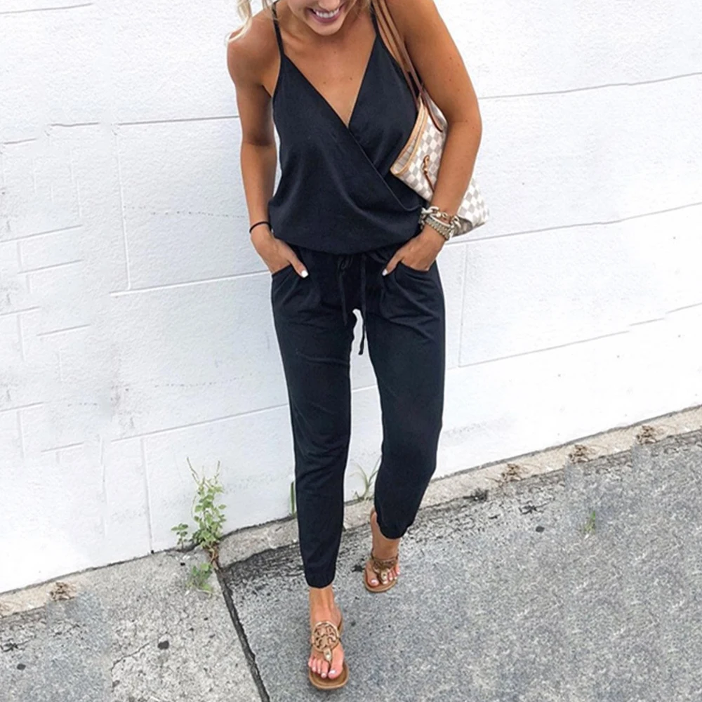 Cross V Neck Sling Summer Jumpsuit Loose Elastic Waist Casual Streetwear Clothes Sleeveless Backless Pencil Women Rompers Femme