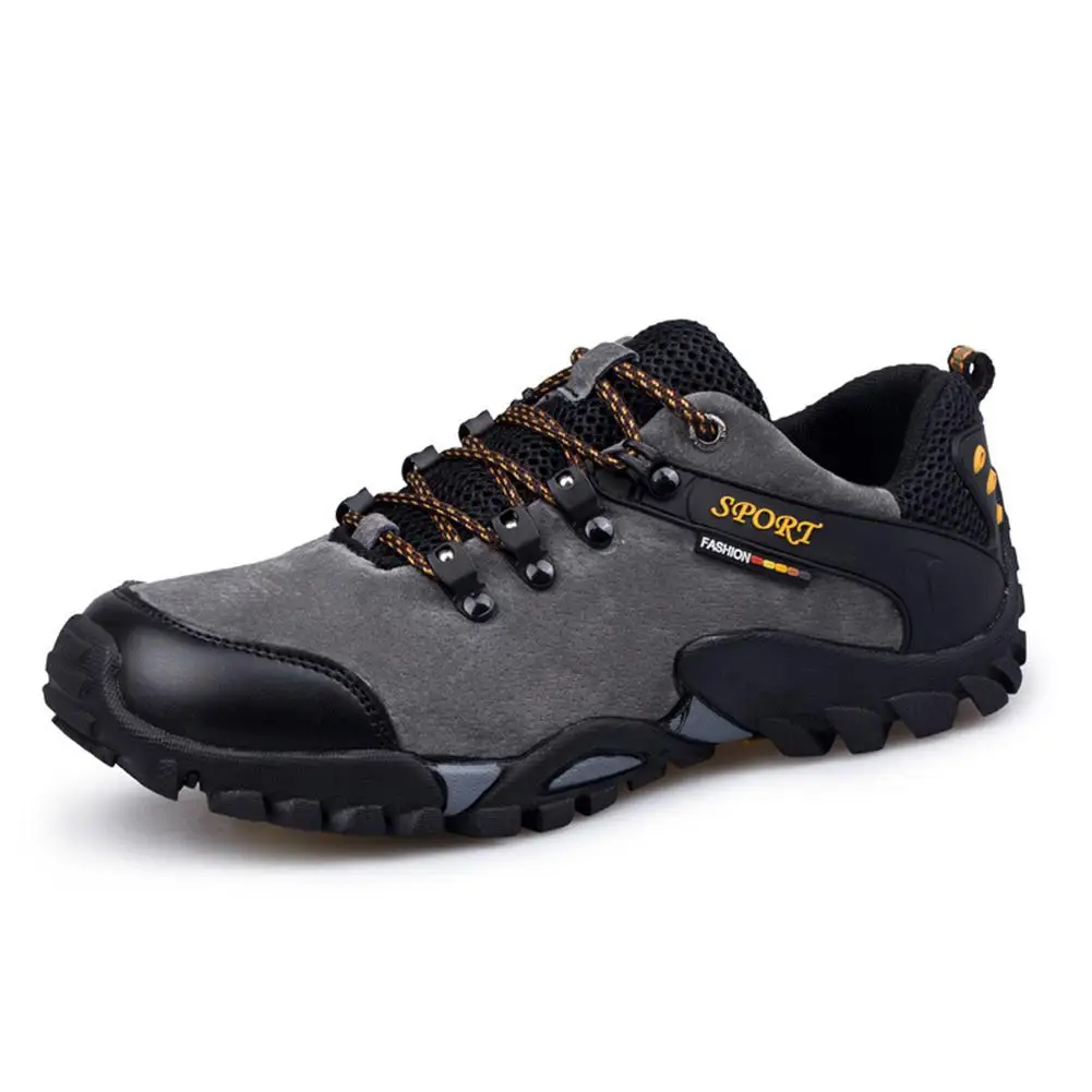 gray Yfashion Autum Кроссовки противоскользящие прочные коровья кожа уличная альпинистская обувь повседневные ботинки для мужчин спортивные уличные кроссовки - Цвет: gray