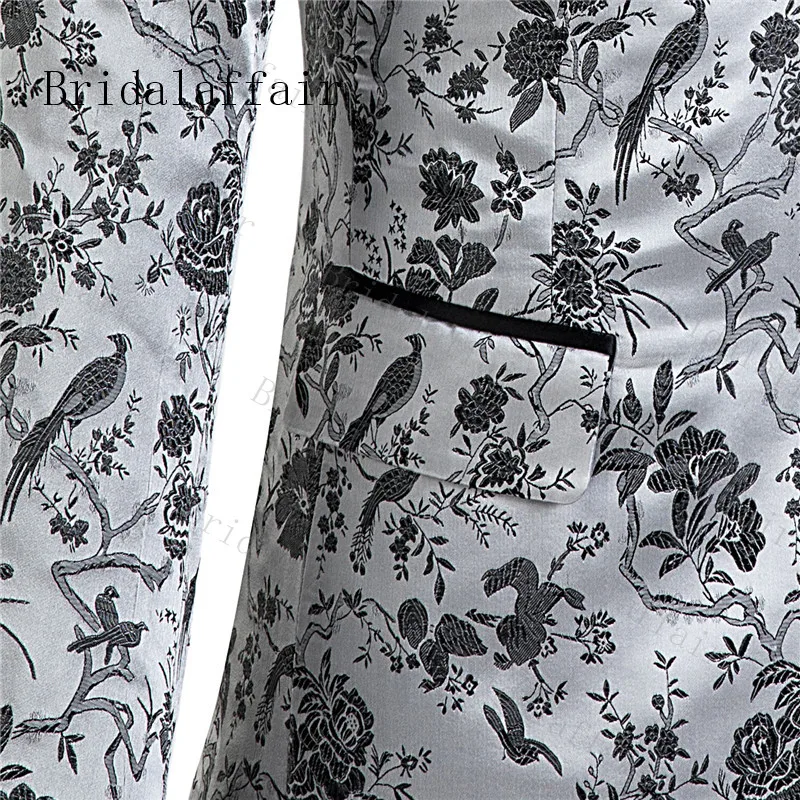Костюм Bridalaffair Homme, серебристо-серый Magie and flower, мужские костюмы Terno Masculino, смокинг для выпускного, вечерние костюмы с цветочным рисунком, 3 предмета