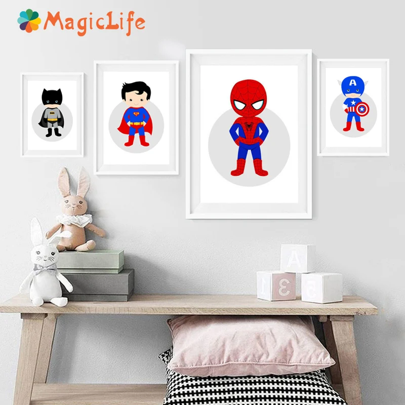 

Cartoon Hero Wall Art Canvas Painting Superman Cute Spiderman Batman Posters And Prints Captain of America Living Room Unframed