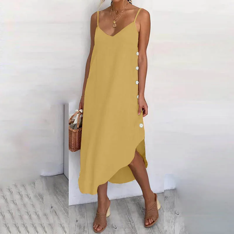 Women's Sexy Summer Dress 2021 Strapless Sleeve Beach Dress Casual Solid Color Button Irregular Shirt Large Size