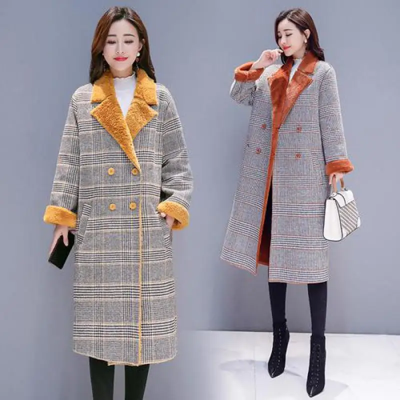 Мода дамы двубортный пиджак новая осень зима искусственного ягненка лайнер длинное пальто женщины старинные плед теплый парки Mujer