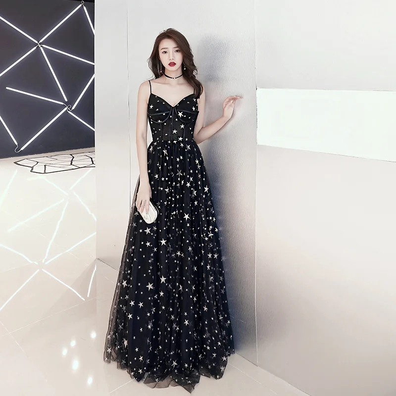 

Black A-Line Robe De Soiree R249 Sexy Spaghetti Strap Women Party Dresses 2020 Lace Up Evening Gowns Sleeveless Formal Vestidos