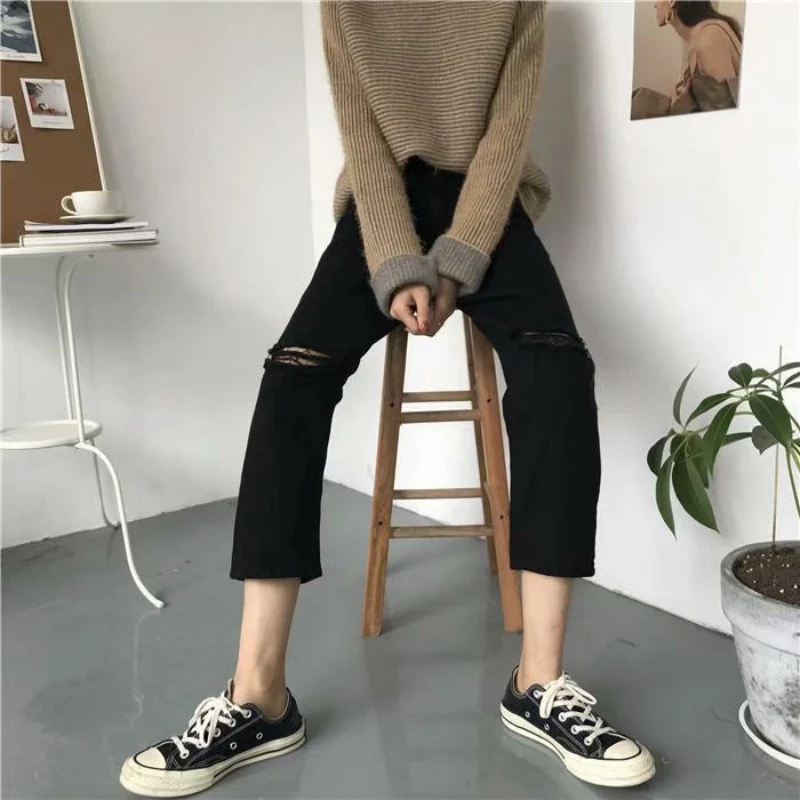 Джинсы с высокой талией, свободный стиль, черные женские рваные джинсы, корейский стиль, модные новые штаны-шаровары длиной до щиколотки