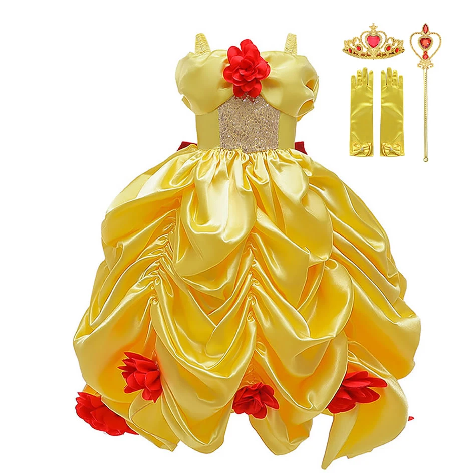Vestidos de La Bella y La Bestia para niñas, ropa de princesa bella con  hombros descubiertos, amarillo y esponjoso, disfraces de fiesta para niños| Vestidos| - AliExpress