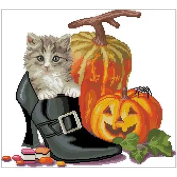 

Kitten in shoe and Halloween pumpkin Counted Cross Stitch 11CT 14CT 18CT DIY Cross Stitch Kits Embroidery Needlework Sets
