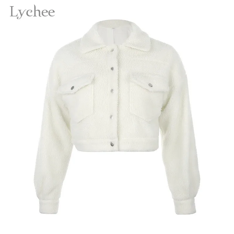 Lychee Harajuku, одноцветное женское Укороченное пальто, топ с двойным карманом и пуговицами, женские куртки, повседневные теплые зимние женские пальто, топы