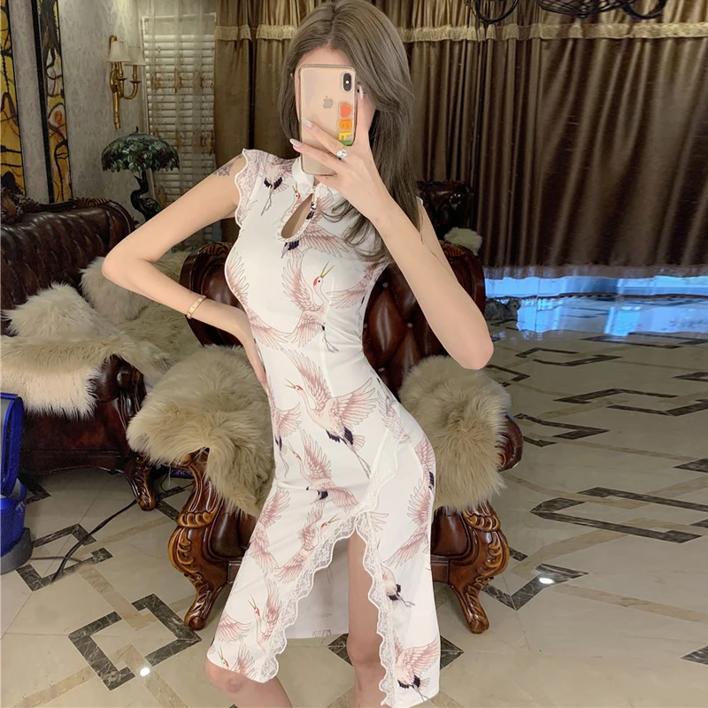 Китайское платье cheongsam женское белье qipao сексуальное платье qi pao атласное Открытое вечернее платье кружевное наклонное с принтом журавля - Цвет: color1
