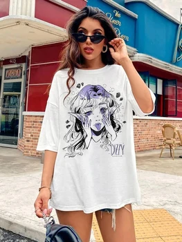 Women Casual Tshirt White Cartoon Funny Girl Printed Streetwear Female Tops Tee Short Sleeve Fashion