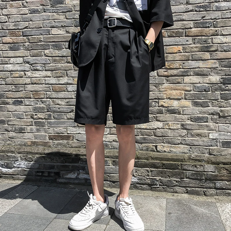 

Original design tide brand casual shorts men's small trousers dark black style drape loose straight five-point trousers