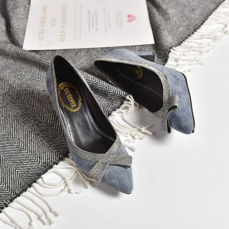 

Small Heel Single Shoes Women's 2019 New Style 6cm Pointed Toe Chunky Heel High Heel Shoes Bow Blue High-Heel Bridesmaid Shoes F