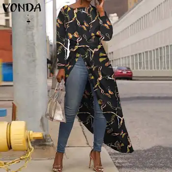 

Long Sleeve Printed Blouse VONDA 2020 VONDA Vintage O Neck Party Irregular Tops Bohemian Beach Split Long Shirts Plus Size