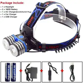 

4000 Lumen 2*T6 LED Headlamp Running Fishing Frontal Flashlight 3 Modes 18650 Battery Head Lamp + Car/AC Charger + USB Cable