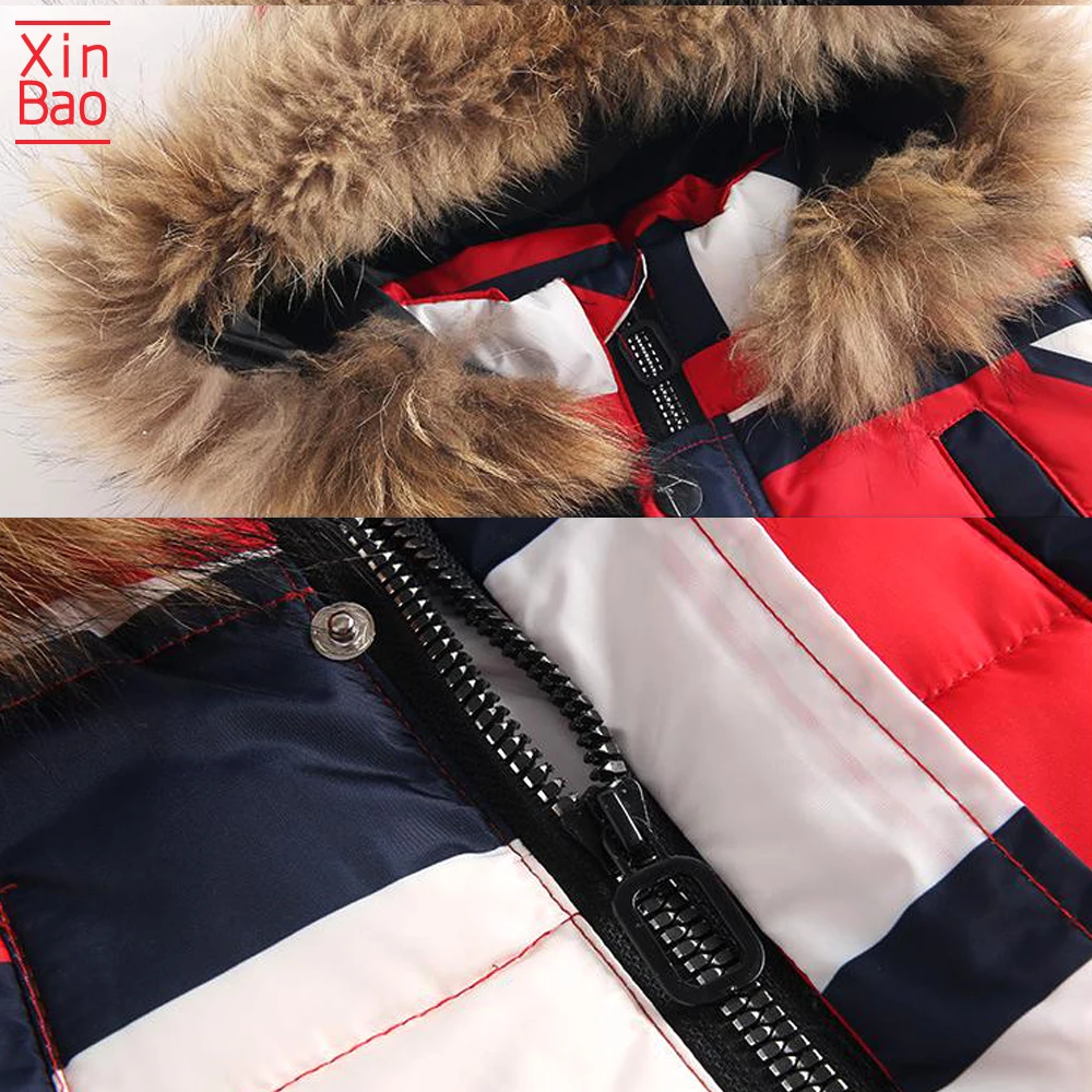 XINBAO/ г. Зимняя куртка для девочек и мальчиков, теплая длинная пуховая куртка с капюшоном и меховым воротником, детская верхняя одежда пуховик для малышей