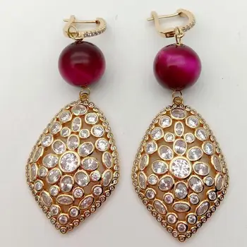 

Fashion Designs Round Fuchsia 14mm Tiger Eye Cz pave Gold color Plated Leverback Earrings Cubic Zirconia Drop dangle Earrings