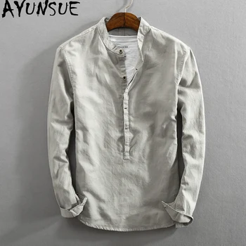 

AYUNSUE Man's Shirt Spring Summer Long Sleeve Shirt Cotton and Linen Casual Shirts for Men Cothes Vintage Camisa Masculina KJ