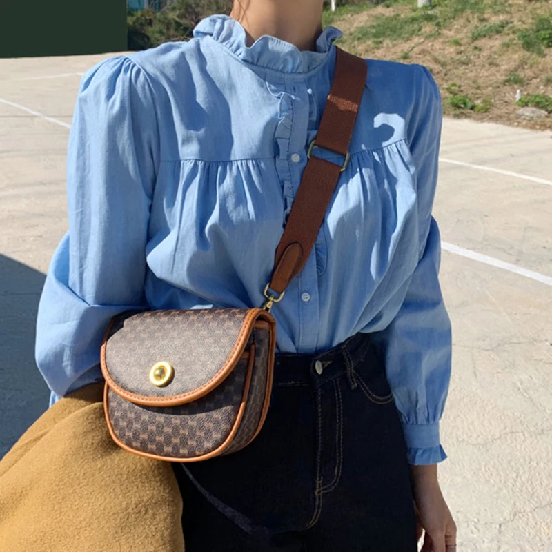 So Lovely Blue Ruched Hem Blouse Kawaii Retro Lady Shirt Women Top Autumn Princess Chemise Femme Chemisier Blusa Mujer Camisa