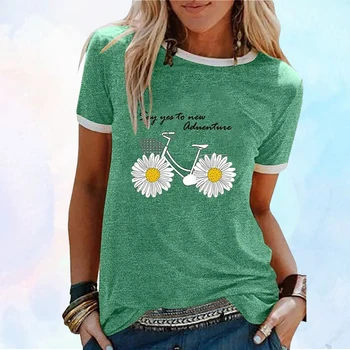

Daisy Flower Bicycle Print Women Summer T shirt 2020 Aesthetic Patchwork Tshirts Causal Harajuku Plus Size Kpop Clothes T-shirt