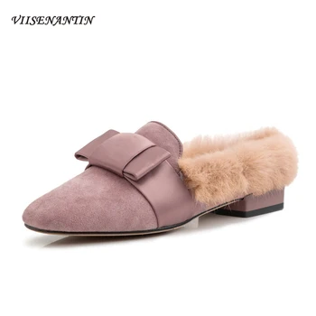 

Butterfly-knot Fur Pink Plush Slippers Women's Outer Wear Autumn Winter New Style Square Toe Flat Bottom Lazy Mules Slippers