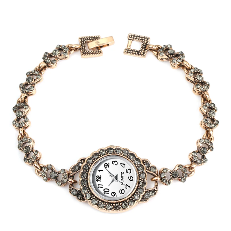 

Charm Turkish Women Quartz Watch Link Bracelet Antique Gold Gray Crystal Bohemia Ethnic Vintage Jewelry Watch Montre Femme 2019