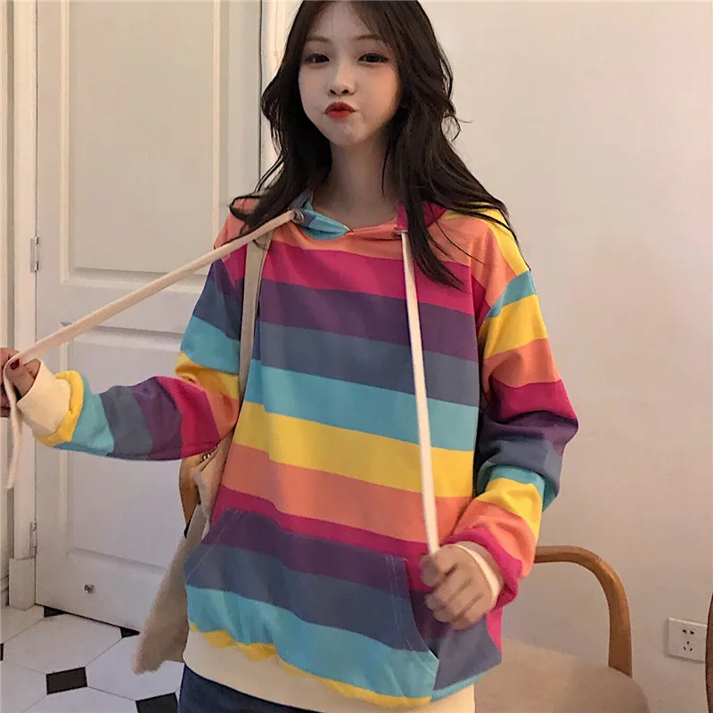 Kawaii Радужная полосатая толстовка с капюшоном и длинными рукавами Женская Корейская ins Harajuku винтажная свободная модная Женская толстовка