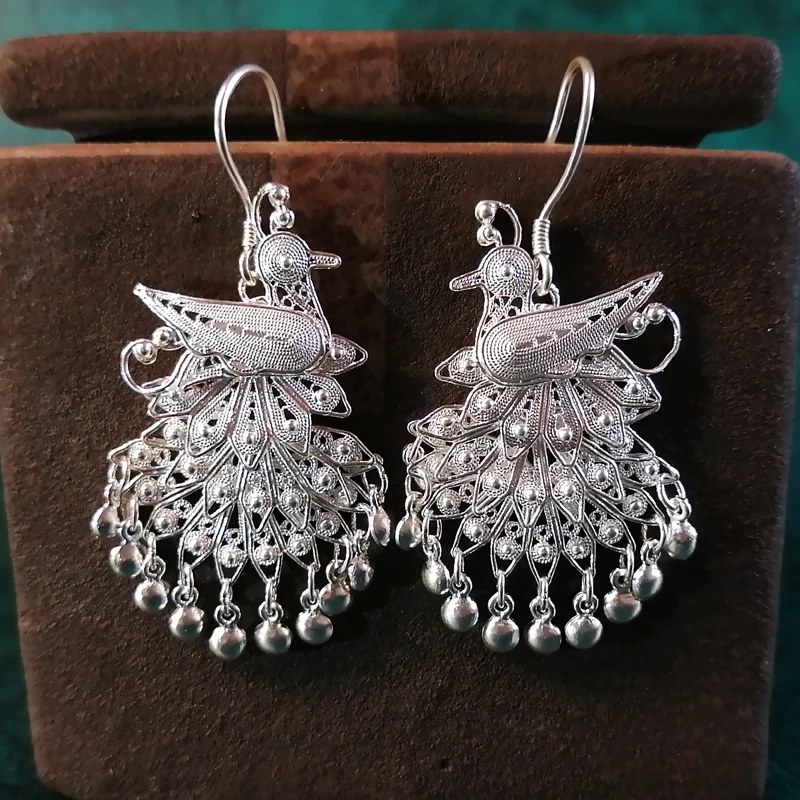 Женские Висячие серьги Bastiee большие серебряные с павлином 999 пробы богемные