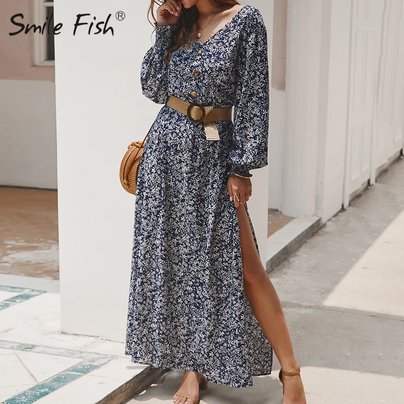 

Lantern Sleeve Behomian Printed Women Dress 2019 Spring Autumn Floral Long V-neck Floarl Split Maxi Long Dresses Vacation M0610