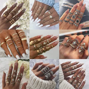 

Gothic Gold Vintage Crown Water Drops Star Geometric Crystal Ring Set Women Charm Joint Ring 2019 Fashion Jewelry