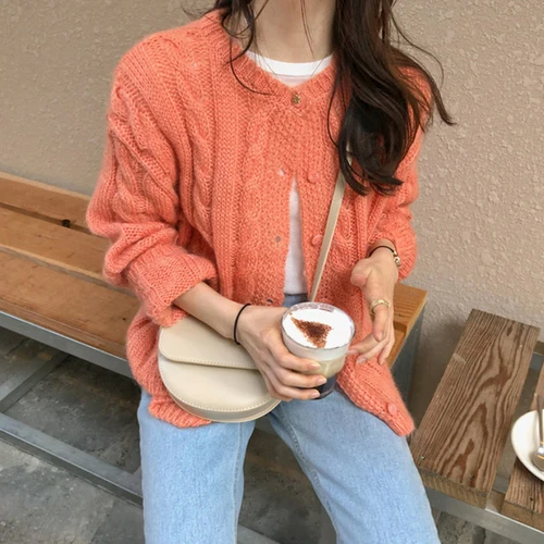 Woherb корейский женский кардиган свитер ярких цветов однотонный свободный трикотажный свитер с петельками пальто повседневный вязаный кардиган пуловер - Цвет: orange