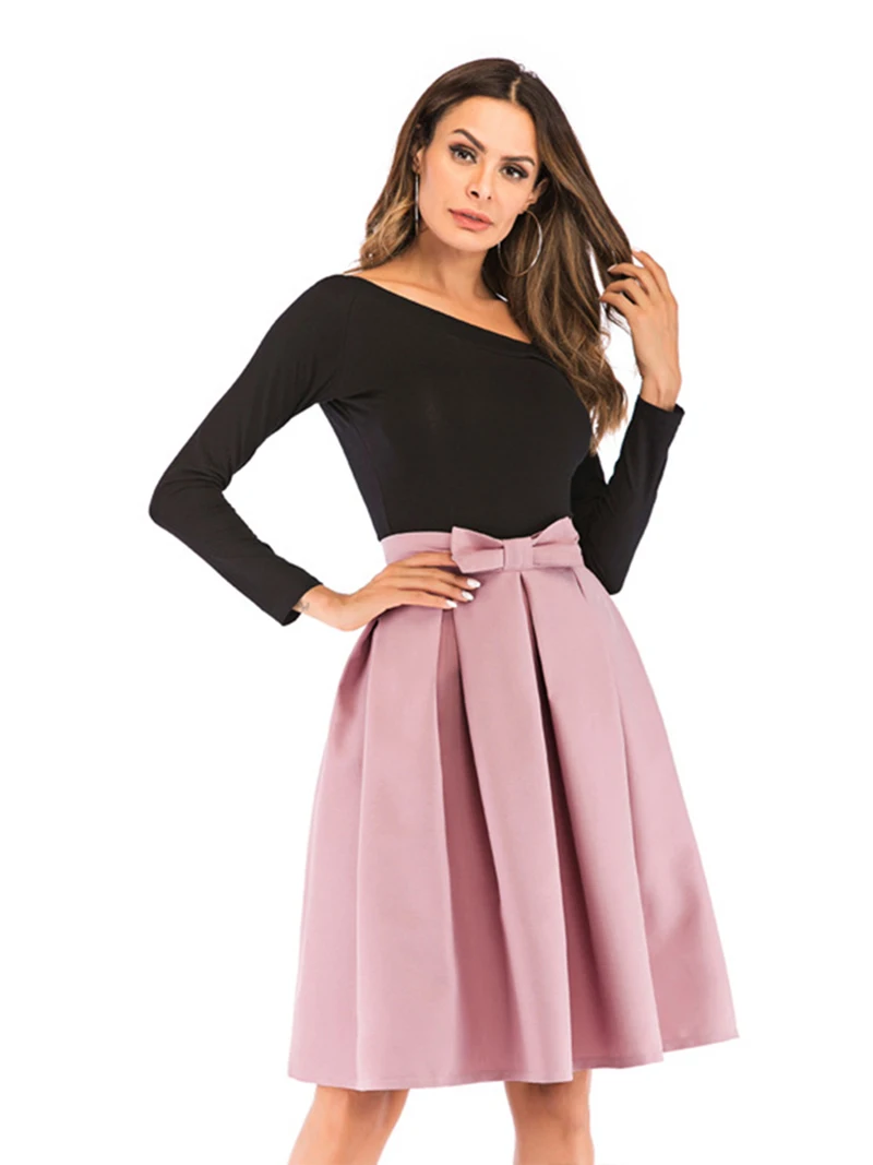 Bow pleated skirt women high waist korean short midi skirt female 2020 fashion A line spring autumn women skirts clothes DR1404 (9)