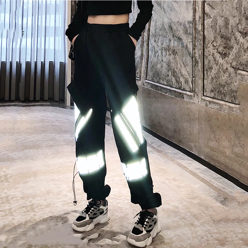 Women Harajuku Black High Waist Cargo Pants Reflective hip-hop Loose Solid Pockets Elastic Waist Trousers Bottoms