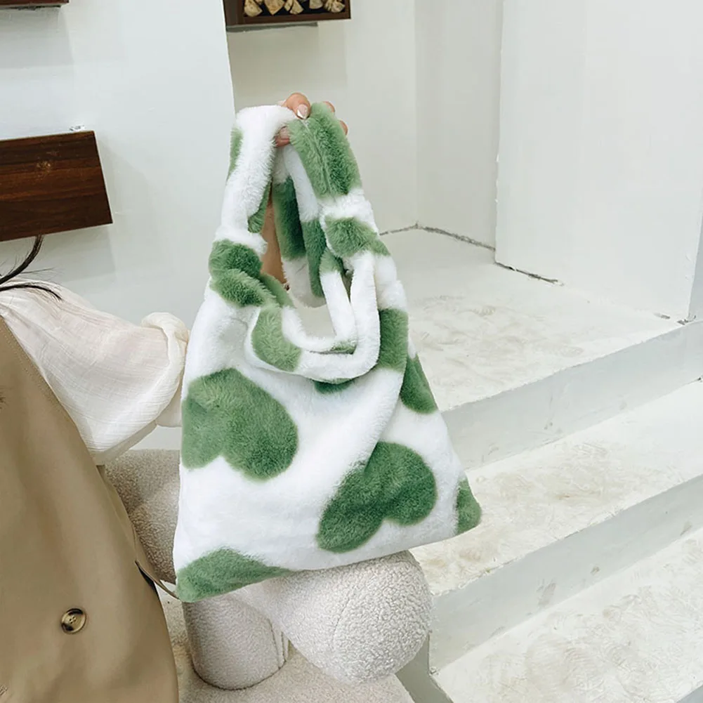 Women Plush Flower Pattern Shoulder Bags Female Cow Print Bucket Bags Love Heart Print Faux Fur Handbag Furry Fluffy Tote Bags