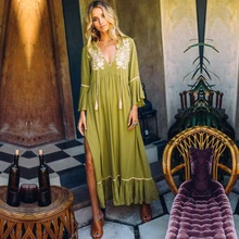 Богемное женское летнее платье зеленое цветочное вышитое пляжное платье с v-образным вырезом Женские Элегантные макси платья с кисточками и оборками