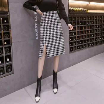 

COIGARSAM Fashion Sexy Women's skirt Winter Woolen Plaid High Waist Slim Buttocks Short Mini Woman skirts Black Coffee
