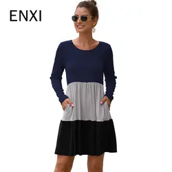 ENXI 3 цвета лоскутное длинные платья для беременных рукав беременность платье o-образным вырезом для беременных женщин Мини платье